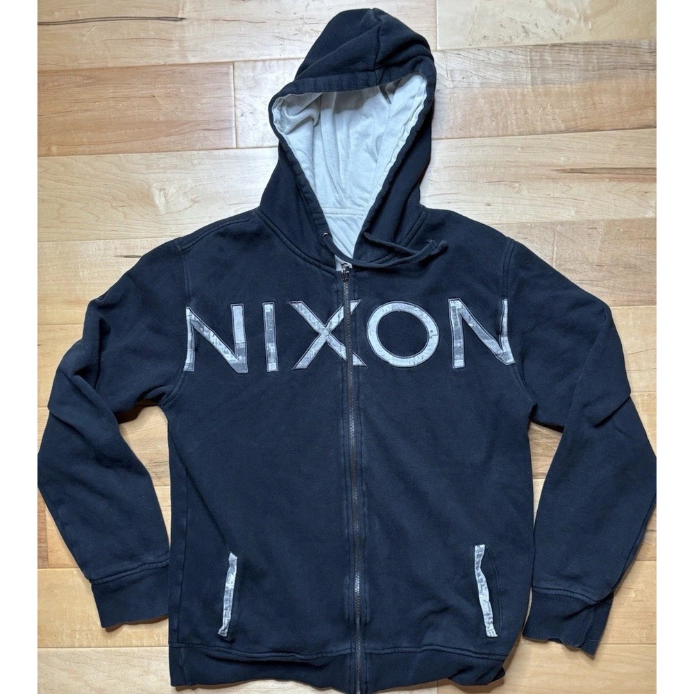 Nixon Full Zip Black Hoodie Men Sz L Skater Street Wear Spell Out